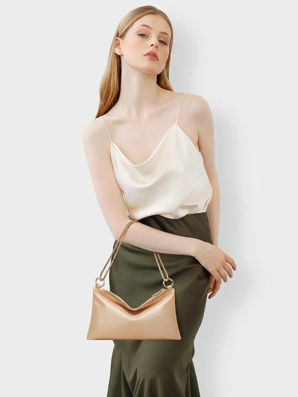 👜Women's Tan Evening Handbag Satin Shoulder Bag Cocktail Party Wedding Purse